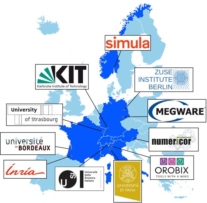 Map of the European Union showing the locations of
 the partner institutes: Simula in Norway; Karlsruhe Institute of Technology, Zuse Institute Berlin,
 and MEGWARE in Germany; Université de Bordeaux, Inria, and University of Strasbourg in France;
 Università della Svizzera italiana in Switzerland; Numericor in Austria; Università di Pavia and
 OROBIX in Italy