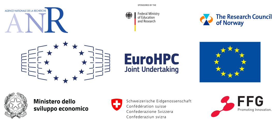 Logotypes de l'Agence Nationale de Recherche,
 du Research Council of Norway, du German
 Federal ministry of education and research, du EuroHPC joint union, de l'union européenne,
 du Ministero dello sviluppo economico, de la confédération suisse, et du FFG